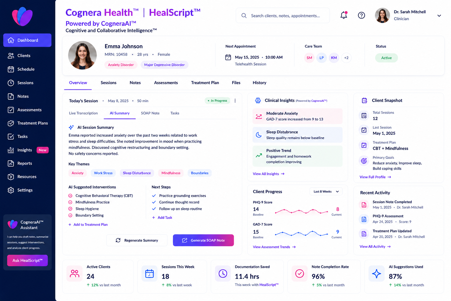 HealScript clinical dashboard preview